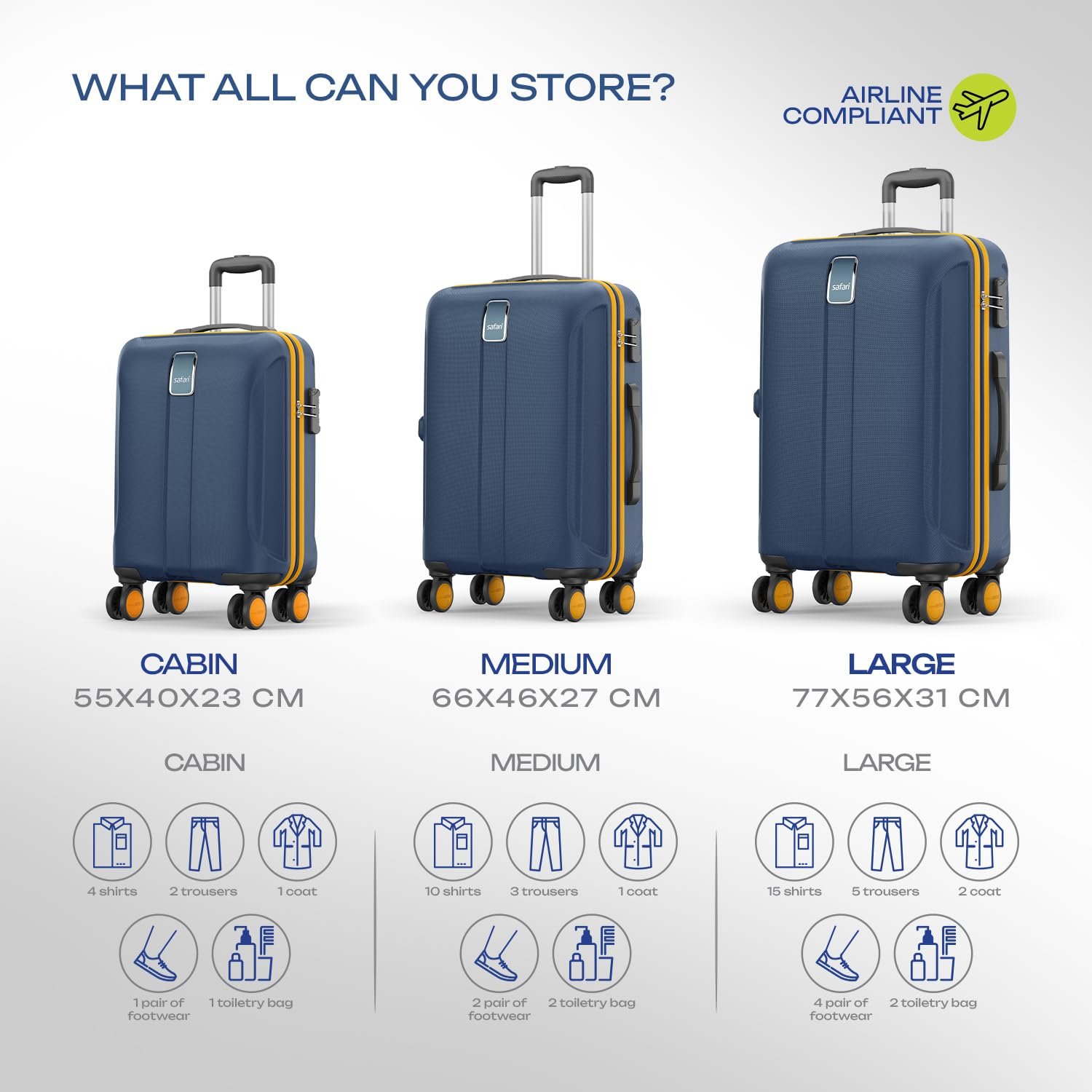 Safari Thorium Neo 8 Wheels 55,66 and 77 Cm Small,Medium and Large 4 Wheel Inline 3 Trolley Bags Polycarbonate 360 Degree Wheeling System Luggage,4 Wheel Inline Trolley Bags,Graphite Blue - View 2