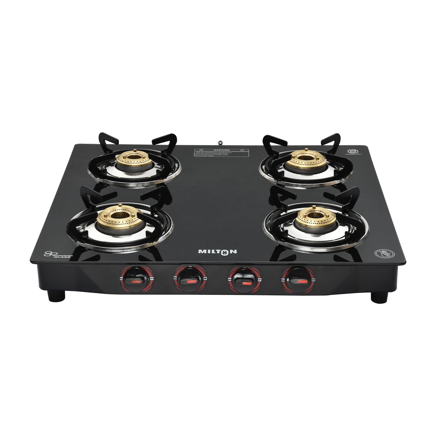 MILTON Premium 4 Burner Black Manual Ignition Glass Top Gas Stove, (ISI Certified)