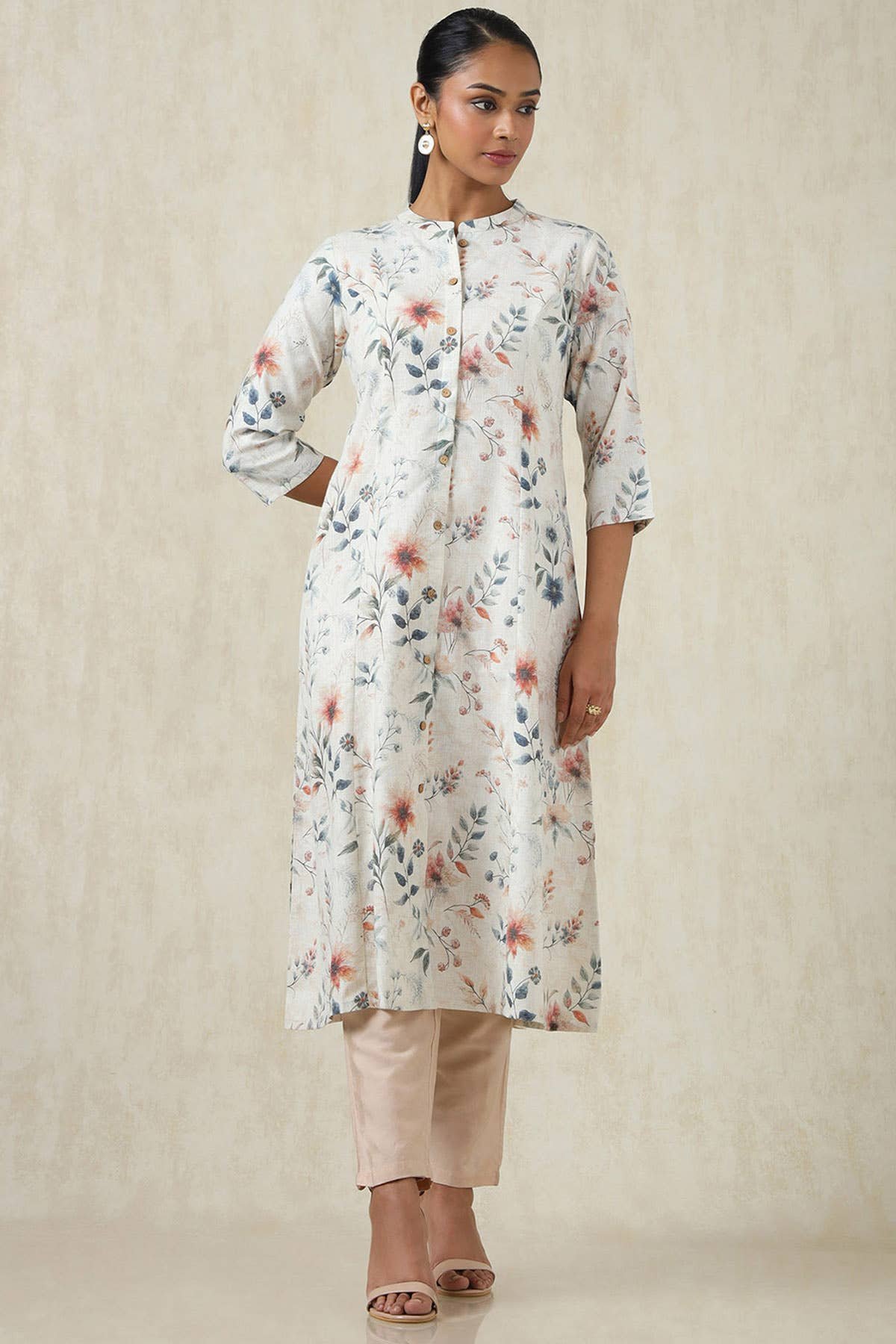 Beige Linen Botanical Print Kurta - View 4