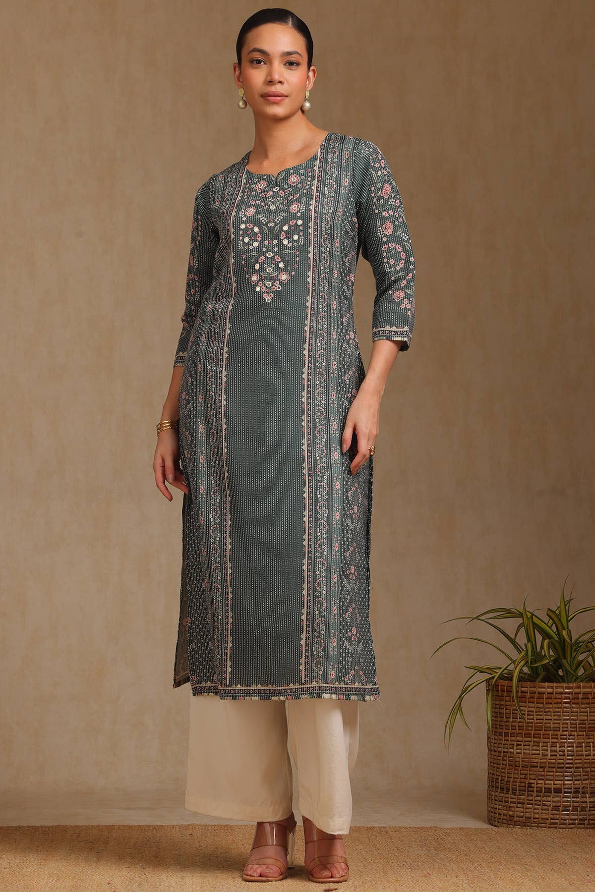 Olive Rayon Botanical Printed Kurta With Mirror Work - View 2