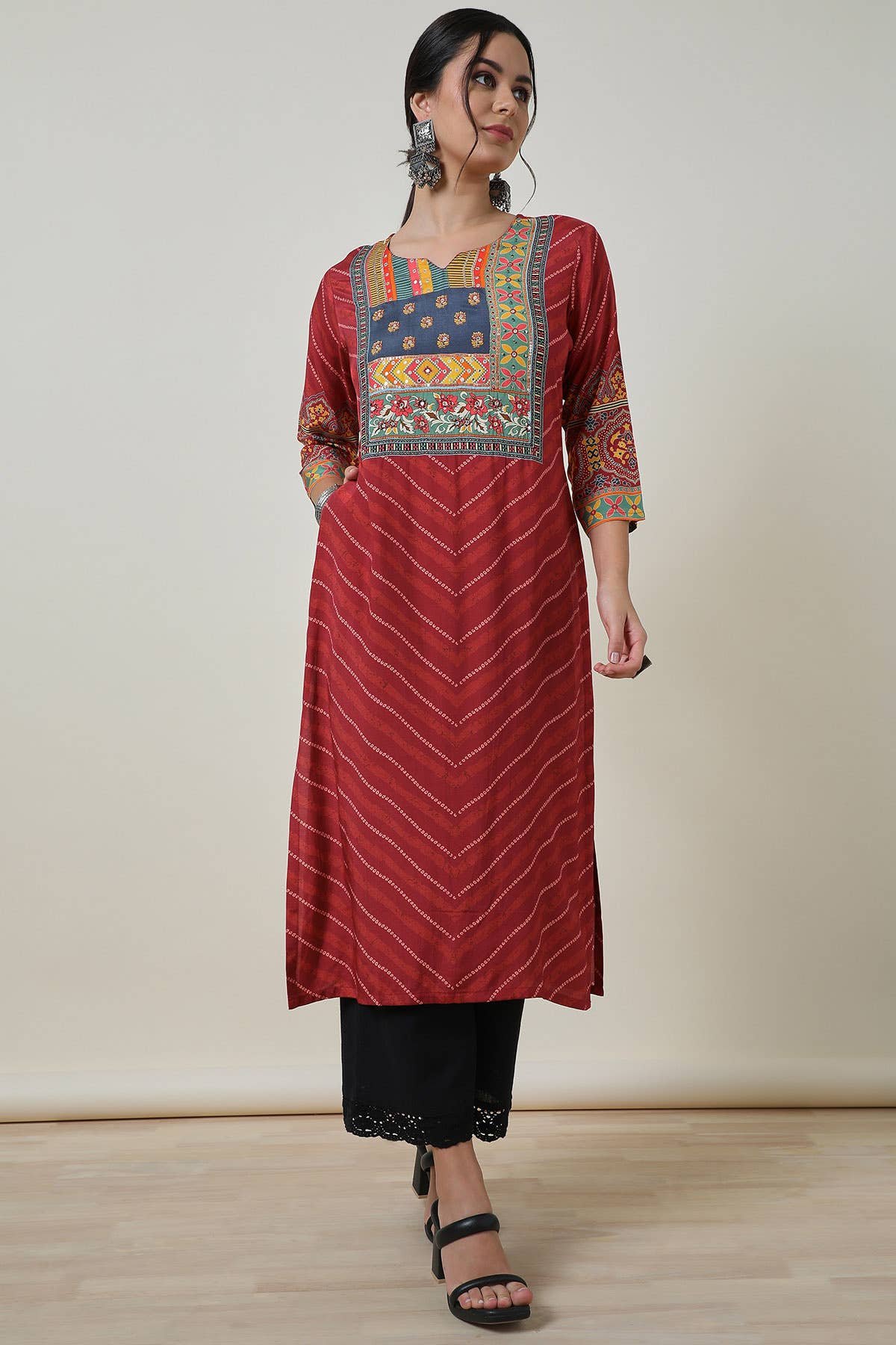 Brick Red Viscose Muslin Bandhani Print Kurta - View 5