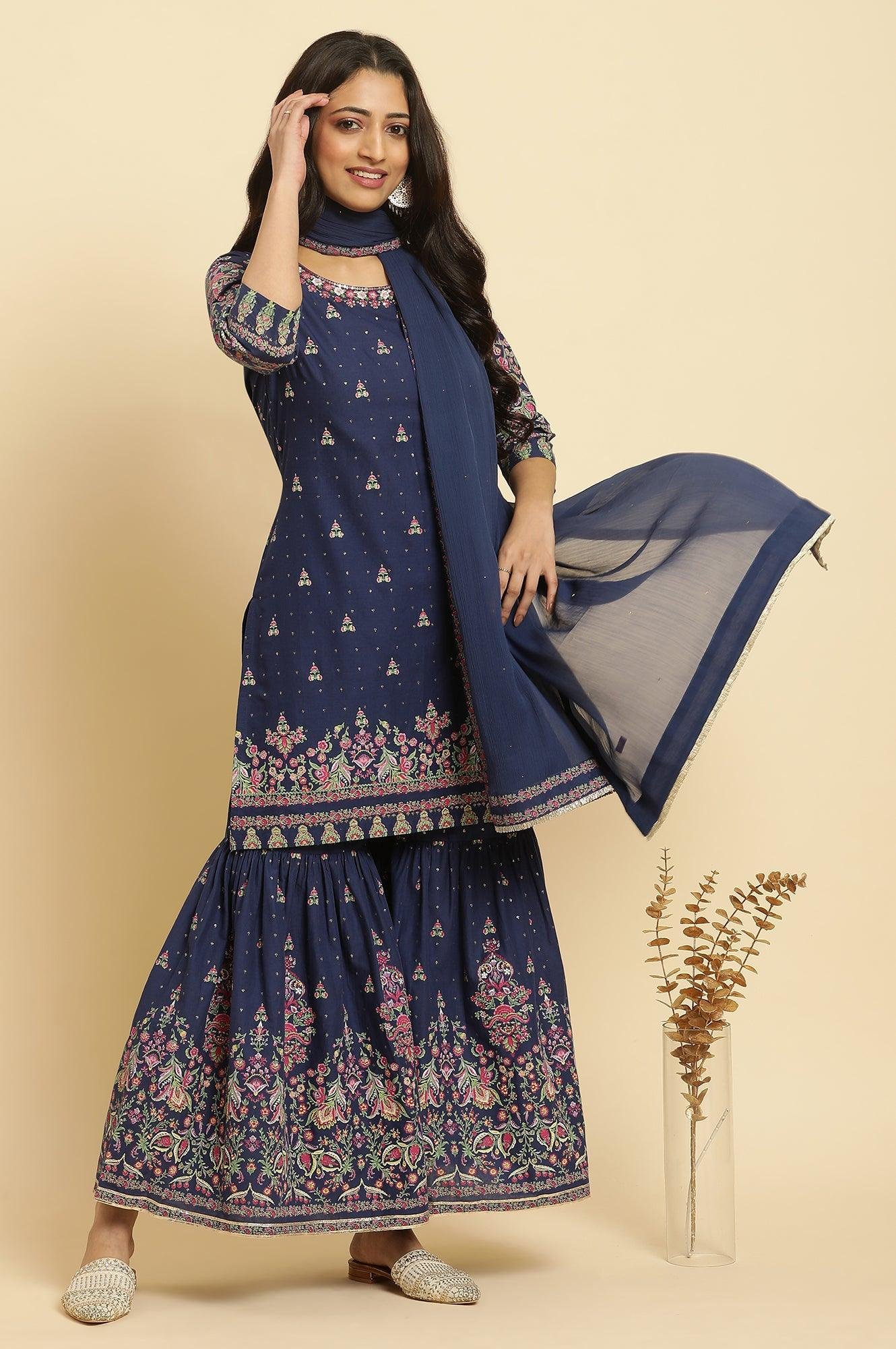 Blue Floral Printed Kurta, Sharara And Dupatta Set - View 6