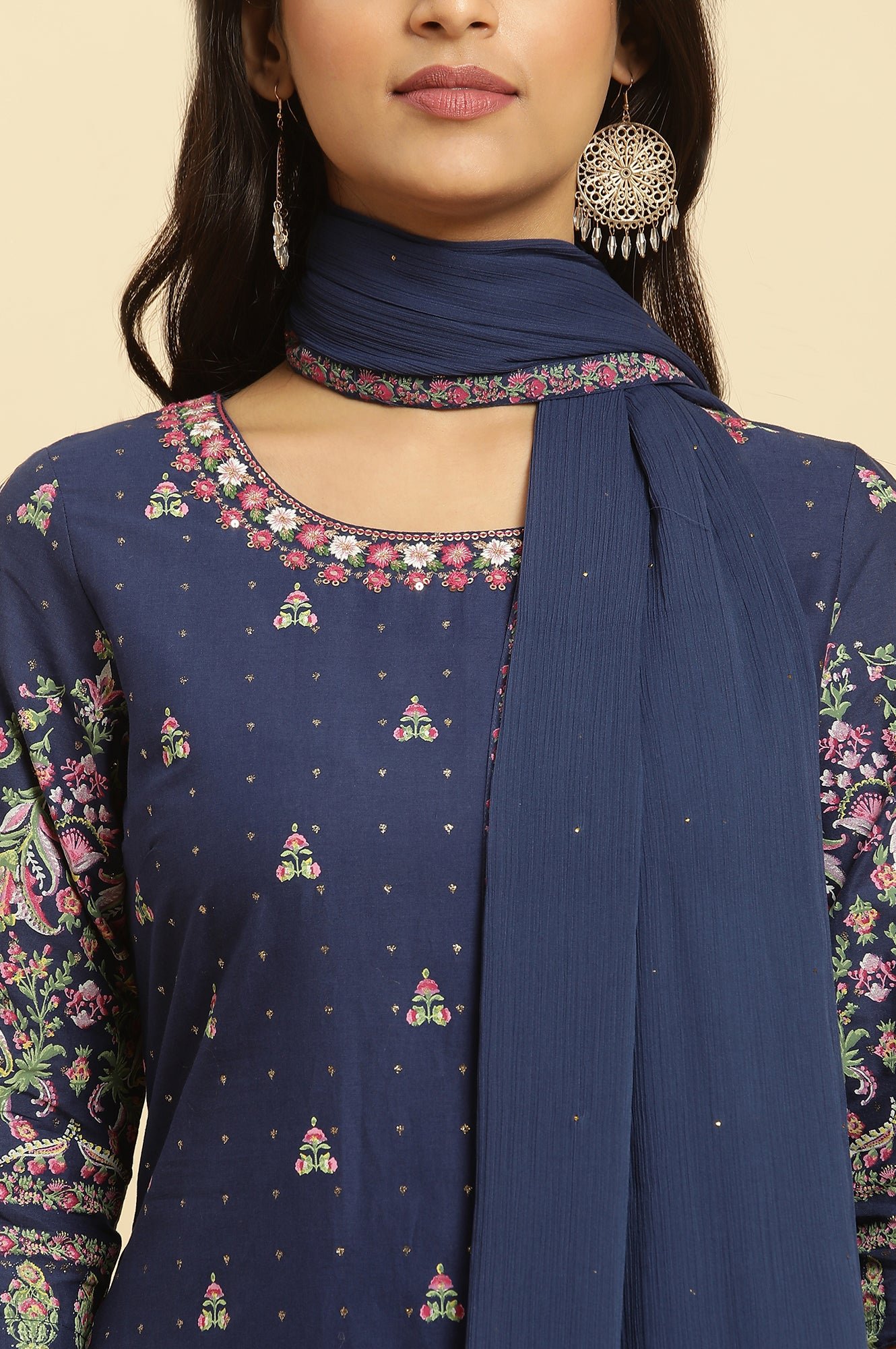 Blue Floral Printed Kurta, Sharara And Dupatta Set - View 2