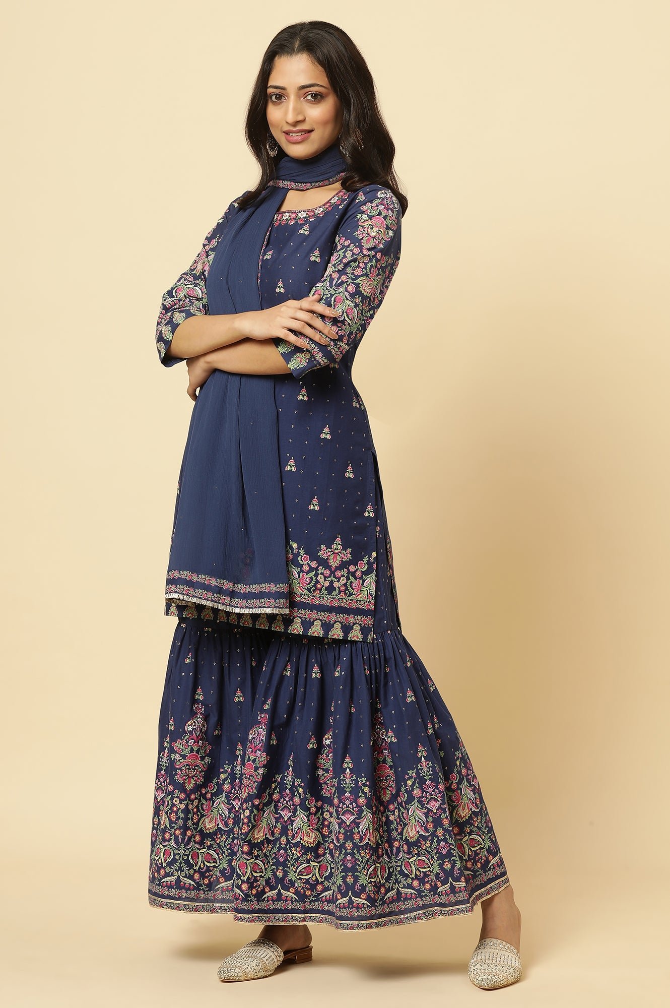 Blue Floral Printed Kurta, Sharara And Dupatta Set - View 5