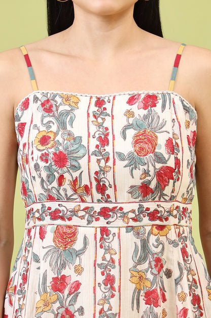 Off-White Vibrant Floral Printed Pure Cotton Flared Spaghetti Dress - View 5