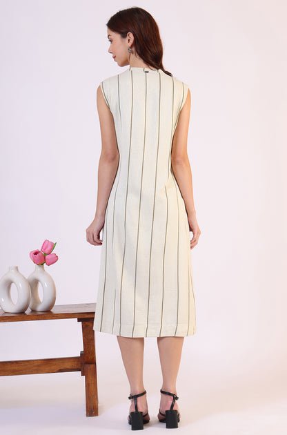 Off -White Striped Cotton Blend Flared Western Dress - View 4