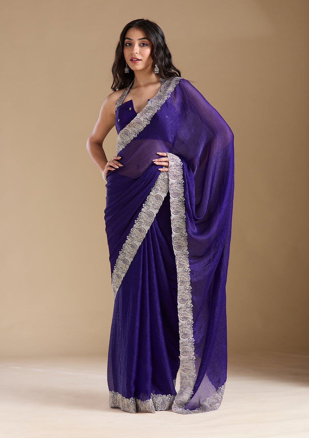 Violet Zariwork (Silver) Chiffon Saree - View 7