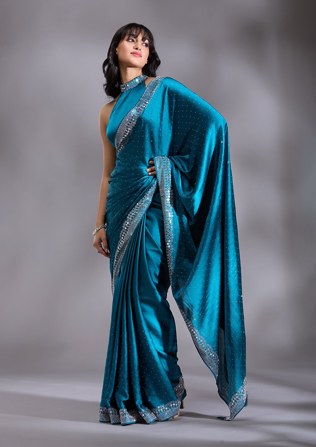 Peacock Blue Silver Stonework Satin Saree - View 4