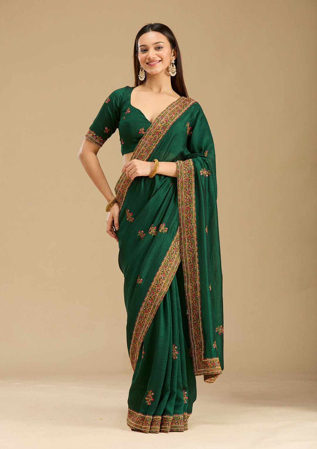 Bottle Green Kashmiri Soft Raw Silk Saree - View 6