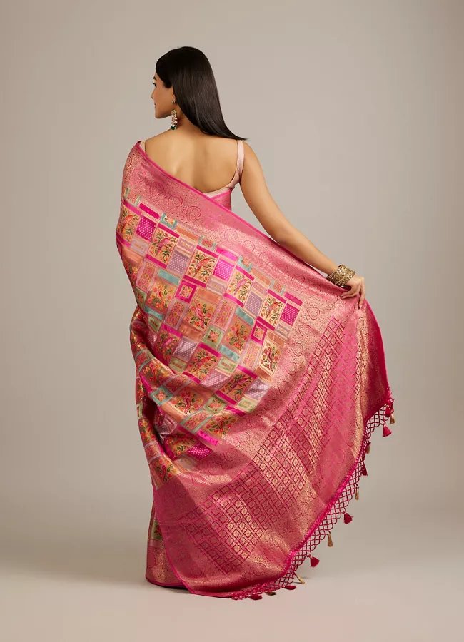 Rani Pink Grid Patterned Saree with Peacock Motifs - View 4