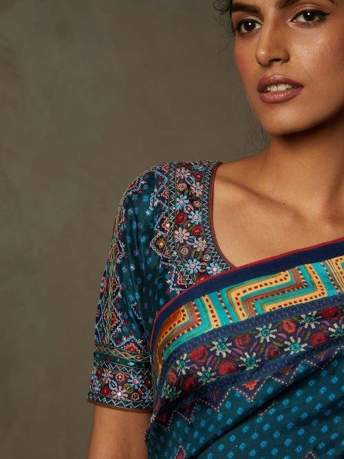 Teal &amp; Navy Chowki Saree With Unstitched Blouse - View 2