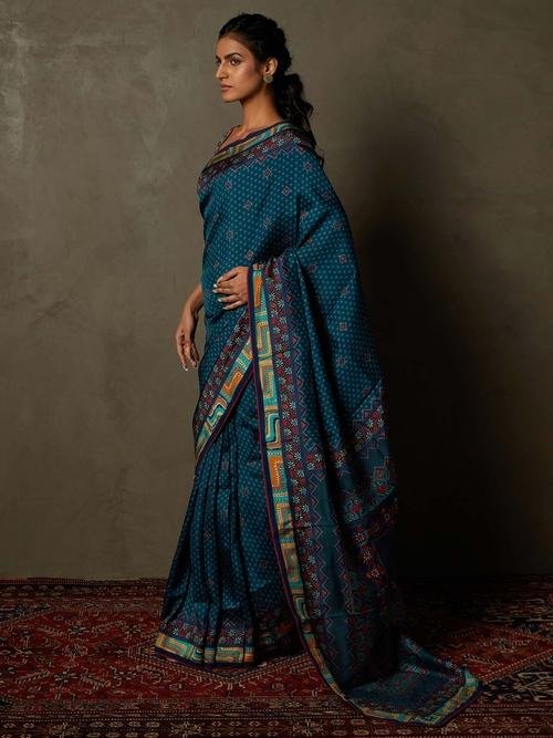 Teal &amp; Navy Chowki Saree With Unstitched Blouse - View 6
