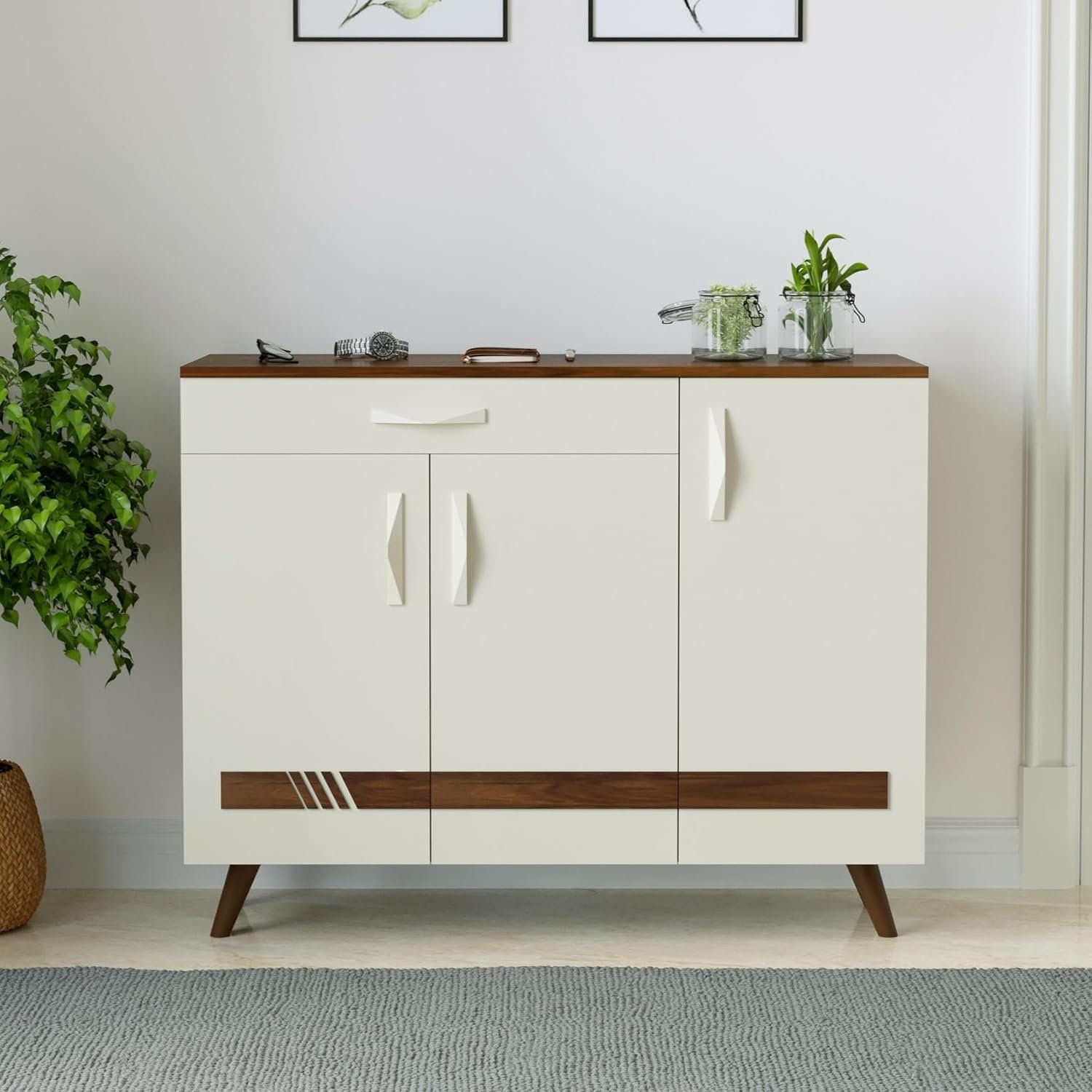 BLUEWUD Kaspen Engineered Wood Wood Dual Tone 3 Doors Shoe Rack Cabinet Slipper Footwear Stand Organizer with Drawer can Store Up to 16 Pairs for Home (Brown Maple &amp; White) - View 4