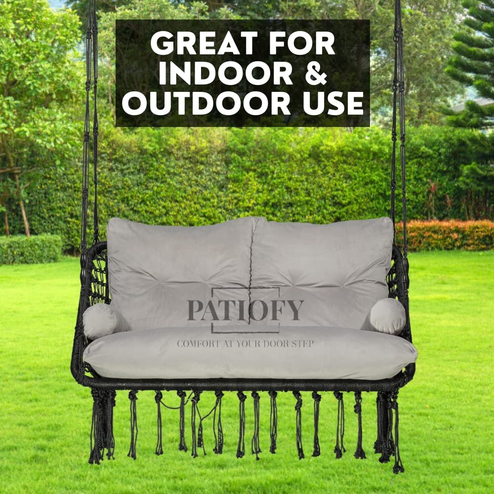 Double Seater Swing - 2 Seater Swing for Balcony with Large Grey Full Body Sitting Cushion (Black)-Polyester, 20 Cm - View 2