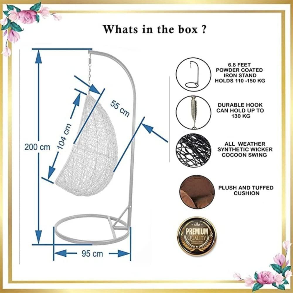 Rattan Knots Craft India Single Seater Swing Chair With Stand &amp; Cushion Outdoor Indoor Balcony Garden Patio,Powder Coated Frame,Uv Protected Wicker,Premium Cushion Af_In_038 - View 5